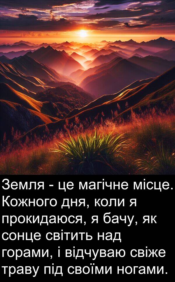 місце: Земля - це магічне місце. Кожного дня, коли я прокидаюся, я бачу, як сонце світить над горами, і відчуваю свіже траву під своїми ногами.
