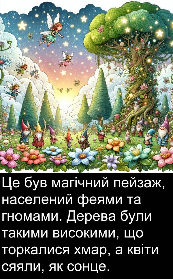 квіти: Це був магічний пейзаж, населений феями та гномами. Дерева були такими високими, що торкалися хмар, а квіти сяяли, як сонце.