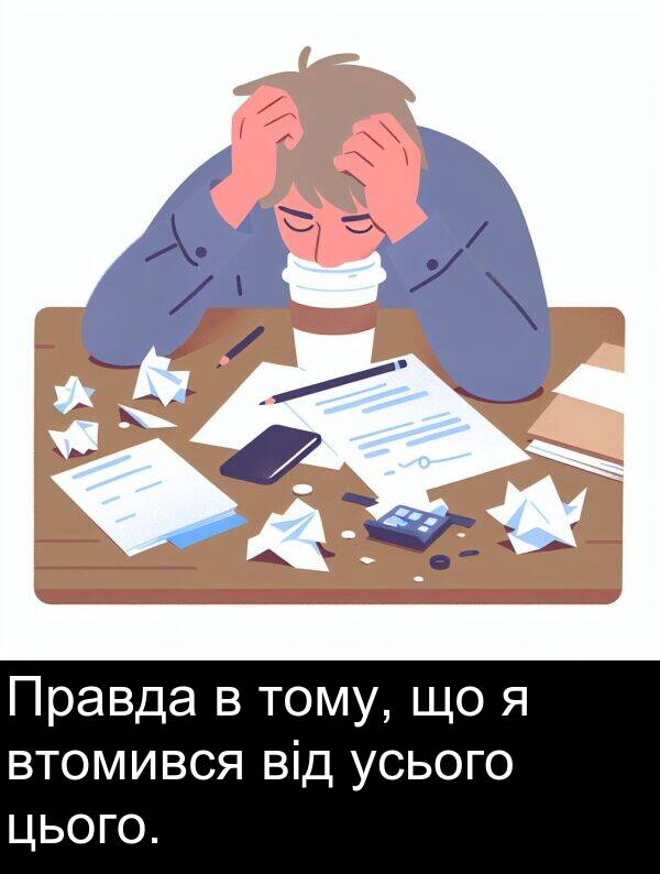 усього: Правда в тому, що я втомився від усього цього.