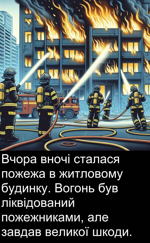 великої: Вчора вночі сталася пожежа в житловому будинку. Вогонь був ліквідований пожежниками, але завдав великої шкоди.