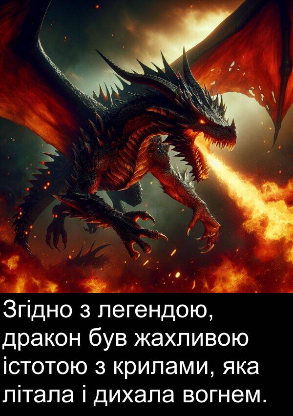 легендою: Згідно з легендою, дракон був жахливою істотою з крилами, яка літала і дихала вогнем.
