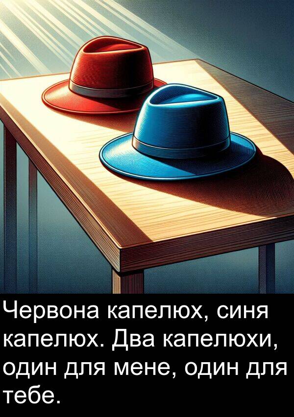 капелюх: Червона капелюх, синя капелюх. Два капелюхи, один для мене, один для тебе.