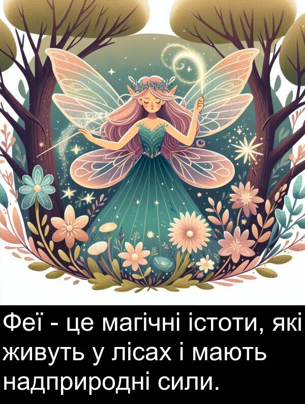 магічні: Феї - це магічні істоти, які живуть у лісах і мають надприродні сили.