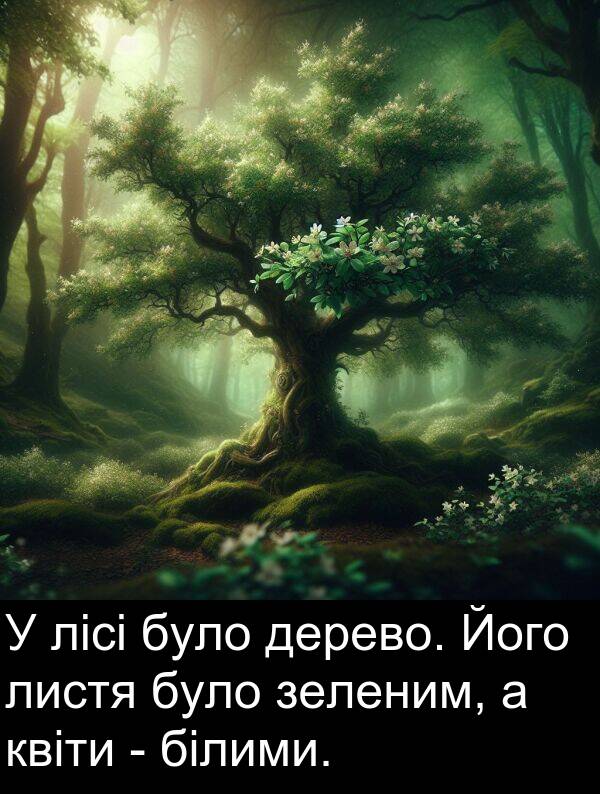 квіти: У лісі було дерево. Його листя було зеленим, а квіти - білими.