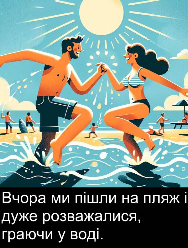 розважалися: Вчора ми пішли на пляж і дуже розважалися, граючи у воді.