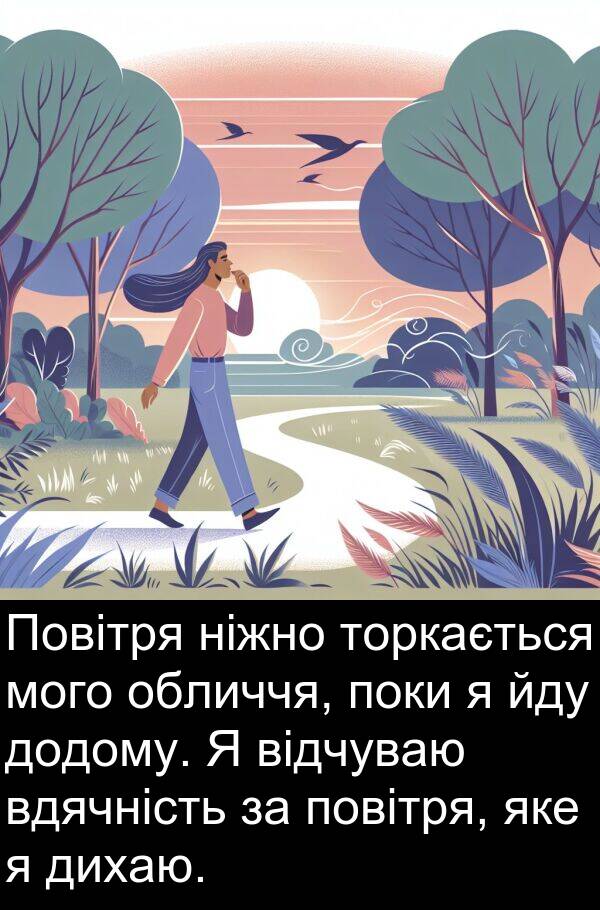 ніжно: Повітря ніжно торкається мого обличчя, поки я йду додому. Я відчуваю вдячність за повітря, яке я дихаю.