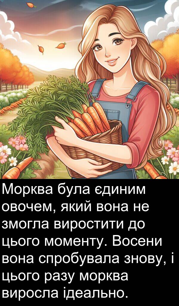 єдиним: Морква була єдиним овочем, який вона не змогла виростити до цього моменту. Восени вона спробувала знову, і цього разу морква виросла ідеально.