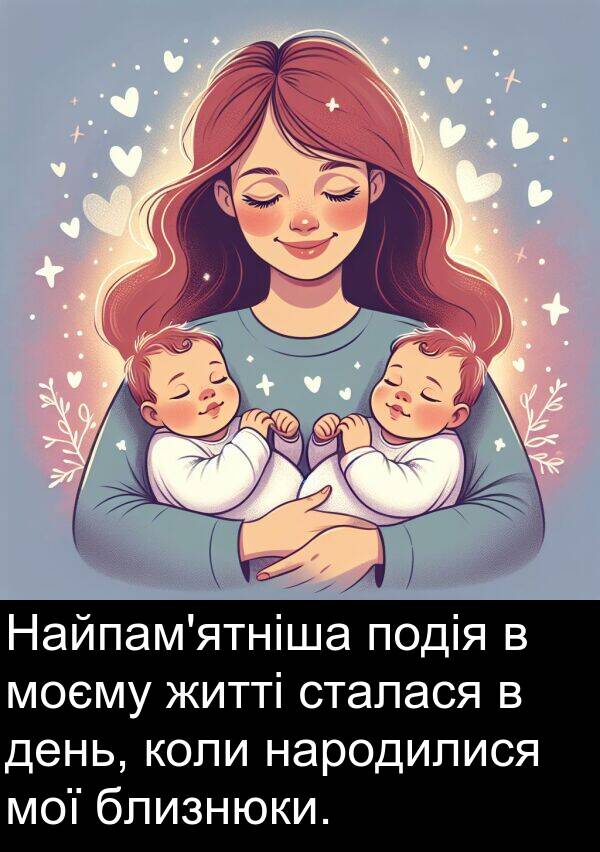 житті: Найпам'ятніша подія в моєму житті сталася в день, коли народилися мої близнюки.