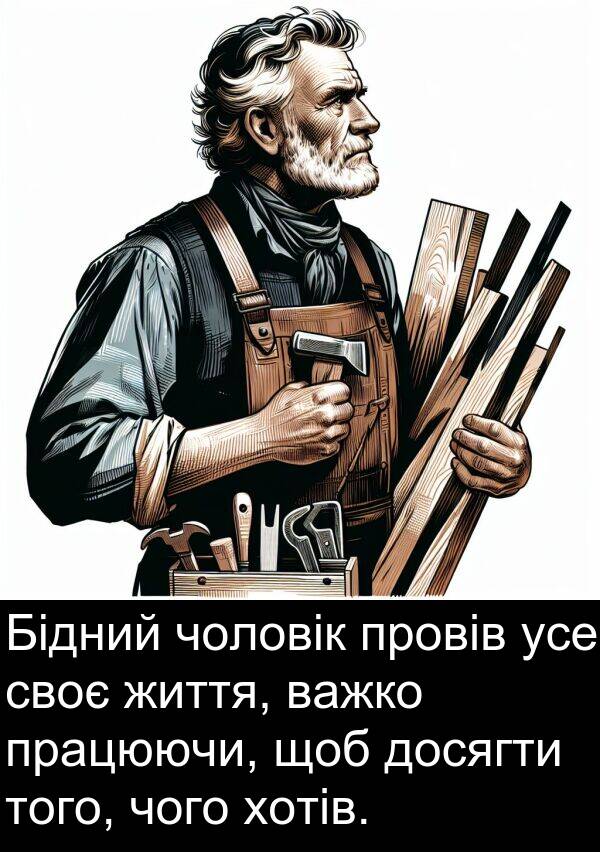 чоловік: Бідний чоловік провів усе своє життя, важко працюючи, щоб досягти того, чого хотів.