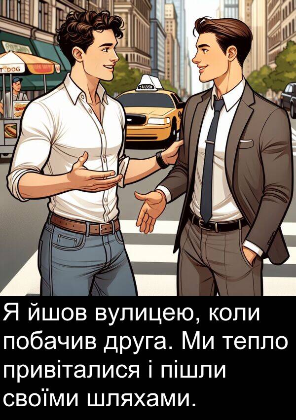 своїми: Я йшов вулицею, коли побачив друга. Ми тепло привіталися і пішли своїми шляхами.