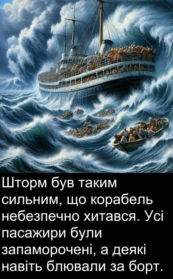 таким: Шторм був таким сильним, що корабель небезпечно хитався. Усі пасажири були запаморочені, а деякі навіть блювали за борт.