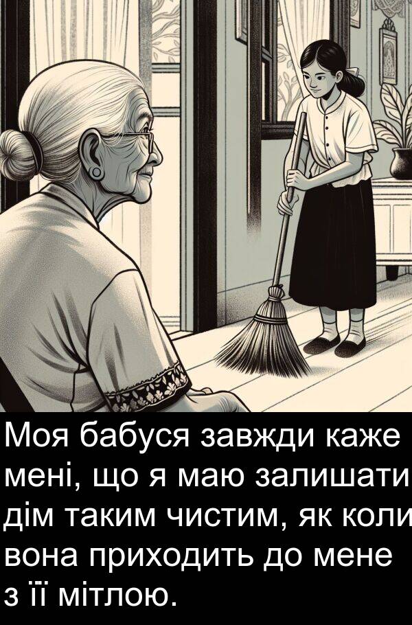 бабуся: Моя бабуся завжди каже мені, що я маю залишати дім таким чистим, як коли вона приходить до мене з її мітлою.