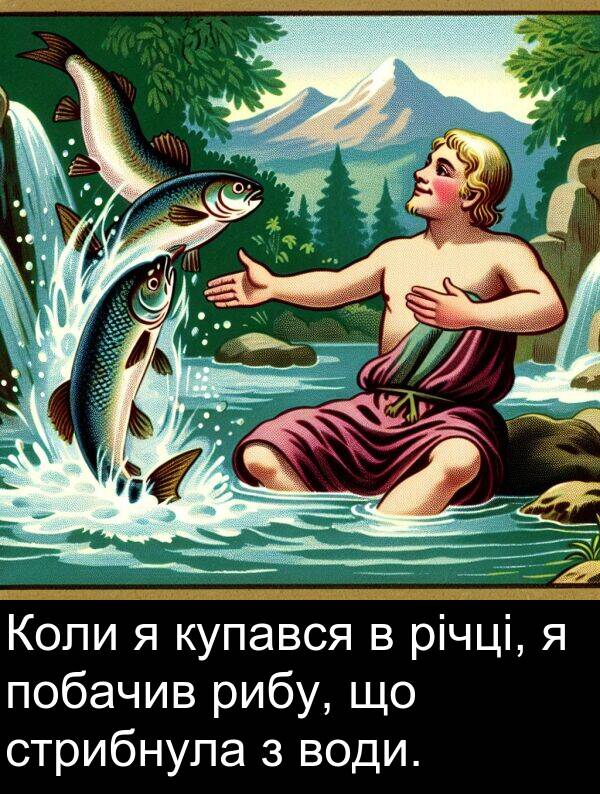 рибу: Коли я купався в річці, я побачив рибу, що стрибнула з води.