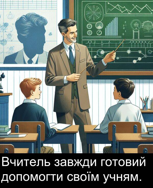 своїм: Вчитель завжди готовий допомогти своїм учням.
