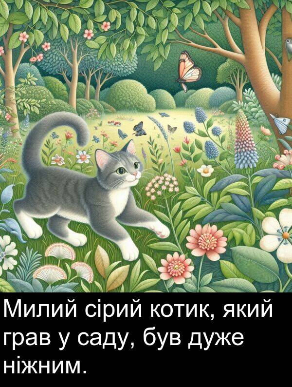 саду: Милий сірий котик, який грав у саду, був дуже ніжним.
