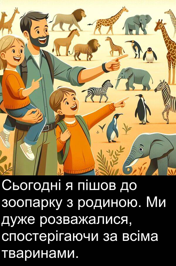 розважалися: Сьогодні я пішов до зоопарку з родиною. Ми дуже розважалися, спостерігаючи за всіма тваринами.