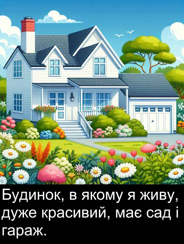 гараж: Будинок, в якому я живу, дуже красивий, має сад і гараж.