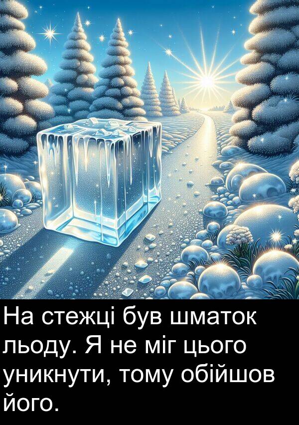 уникнути: На стежці був шматок льоду. Я не міг цього уникнути, тому обійшов його.