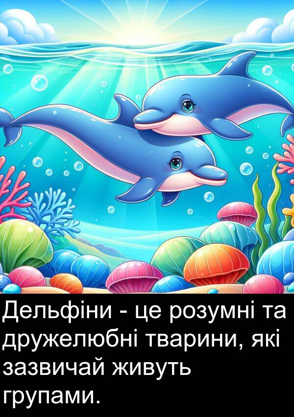зазвичай: Дельфіни - це розумні та дружелюбні тварини, які зазвичай живуть групами.