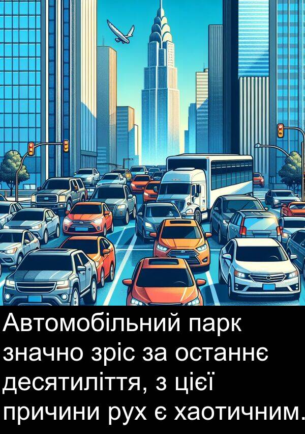 парк: Автомобільний парк значно зріс за останнє десятиліття, з цієї причини рух є хаотичним.