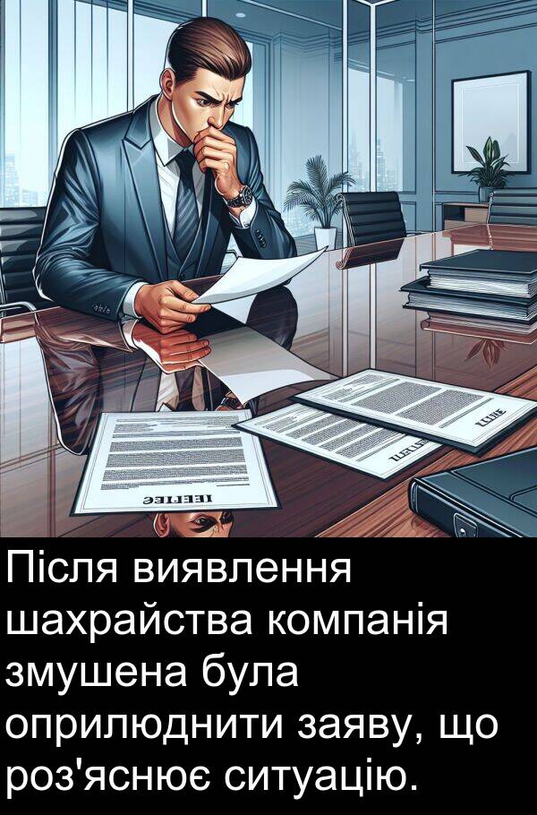 оприлюднити: Після виявлення шахрайства компанія змушена була оприлюднити заяву, що роз'яснює ситуацію.