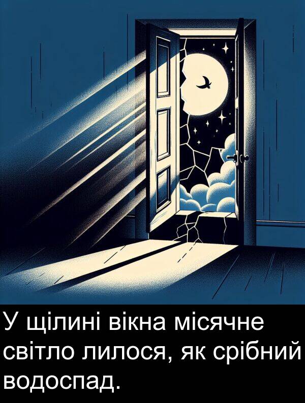 вікна: У щілині вікна місячне світло лилося, як срібний водоспад.