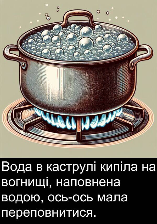 каструлі: Вода в каструлі кипіла на вогнищі, наповнена водою, ось-ось мала переповнитися.