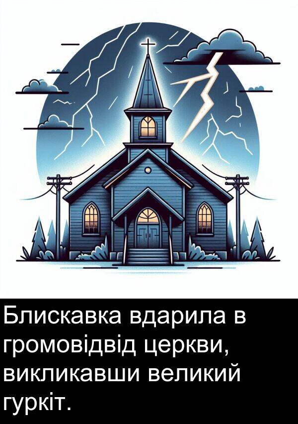великий: Блискавка вдарила в громовідвід церкви, викликавши великий гуркіт.