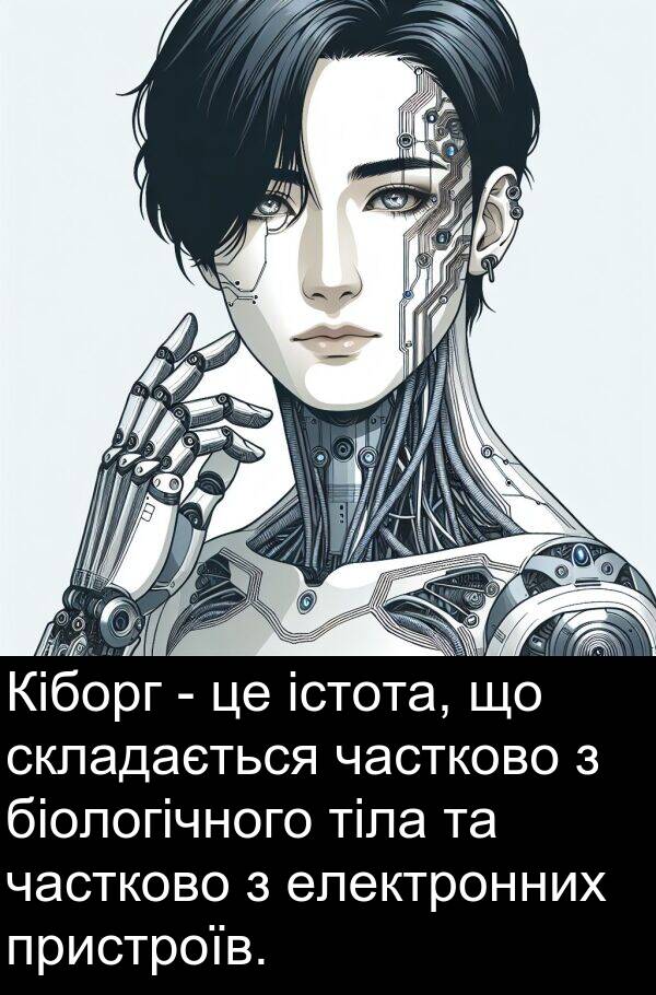 частково: Кіборг - це істота, що складається частково з біологічного тіла та частково з електронних пристроїв.