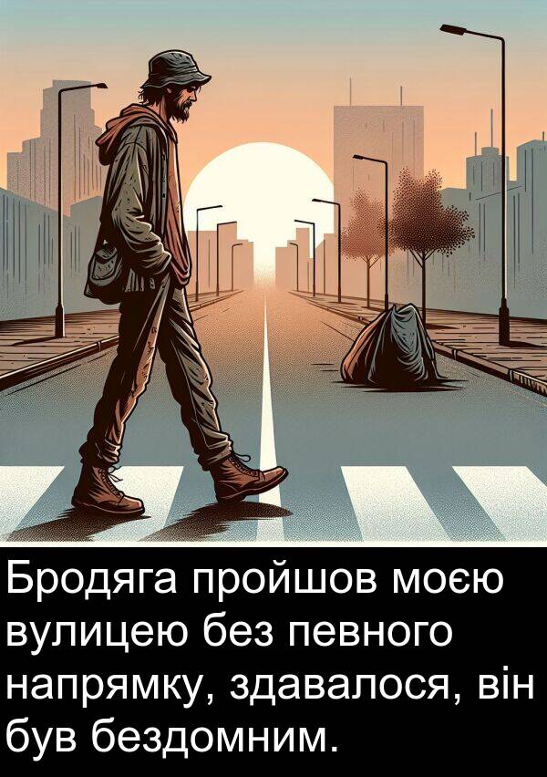 бездомним: Бродяга пройшов моєю вулицею без певного напрямку, здавалося, він був бездомним.