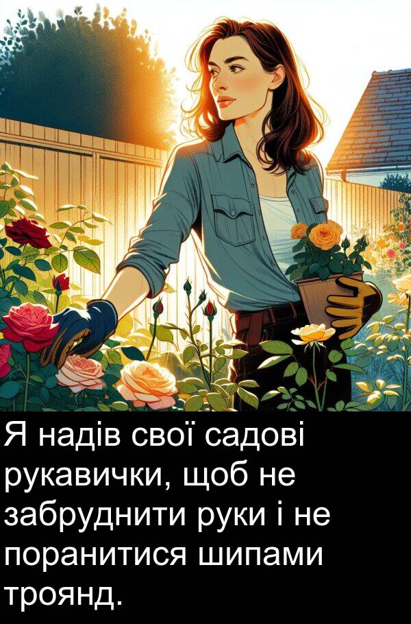 забруднити: Я надів свої садові рукавички, щоб не забруднити руки і не поранитися шипами троянд.