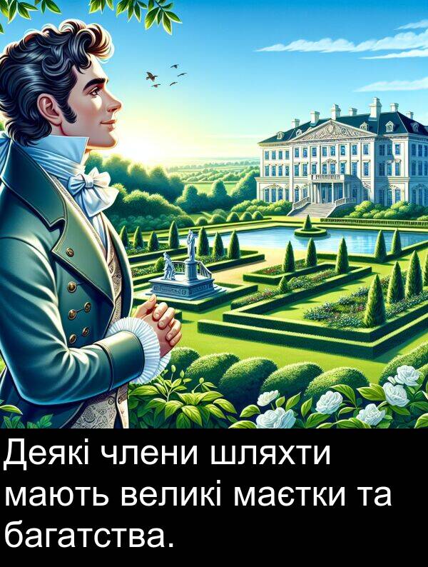 великі: Деякі члени шляхти мають великі маєтки та багатства.