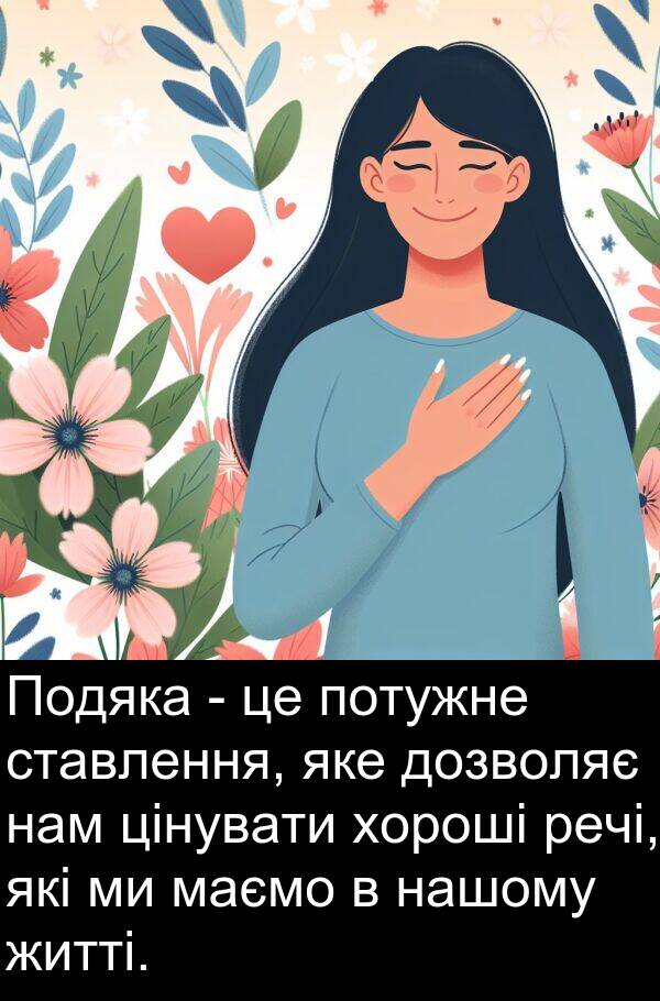 нам: Подяка - це потужне ставлення, яке дозволяє нам цінувати хороші речі, які ми маємо в нашому житті.