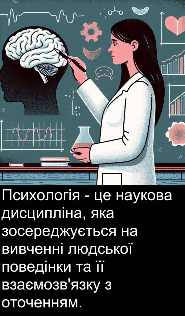 людської: Психологія - це наукова дисципліна, яка зосереджується на вивченні людської поведінки та її взаємозв'язку з оточенням.
