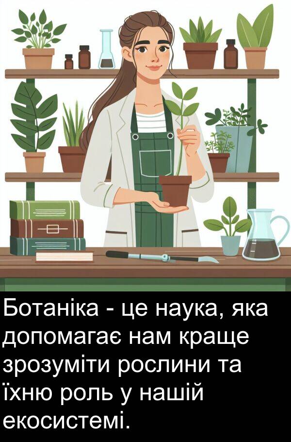 нам: Ботаніка - це наука, яка допомагає нам краще зрозуміти рослини та їхню роль у нашій екосистемі.