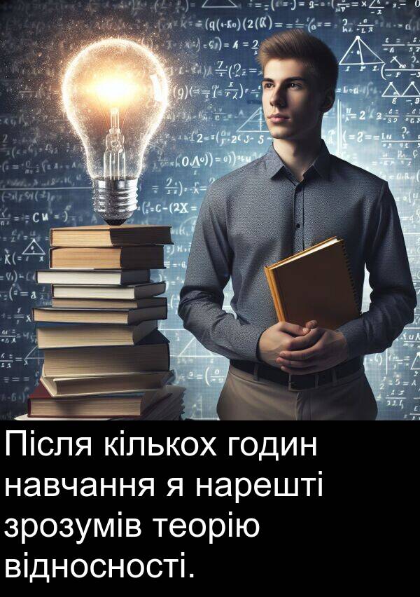 відносності: Після кількох годин навчання я нарешті зрозумів теорію відносності.