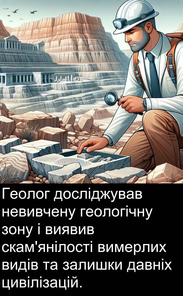 залишки: Геолог досліджував невивчену геологічну зону і виявив скам'янілості вимерлих видів та залишки давніх цивілізацій.