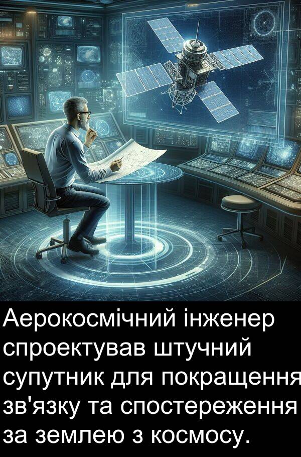 інженер: Аерокосмічний інженер спроектував штучний супутник для покращення зв'язку та спостереження за землею з космосу.