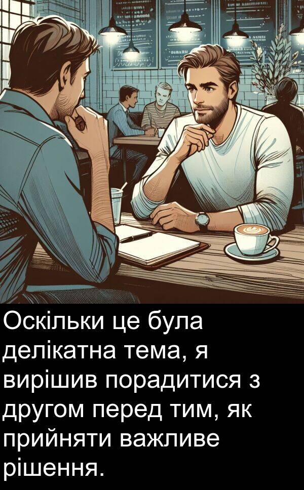 тим: Оскільки це була делікатна тема, я вирішив порадитися з другом перед тим, як прийняти важливе рішення.