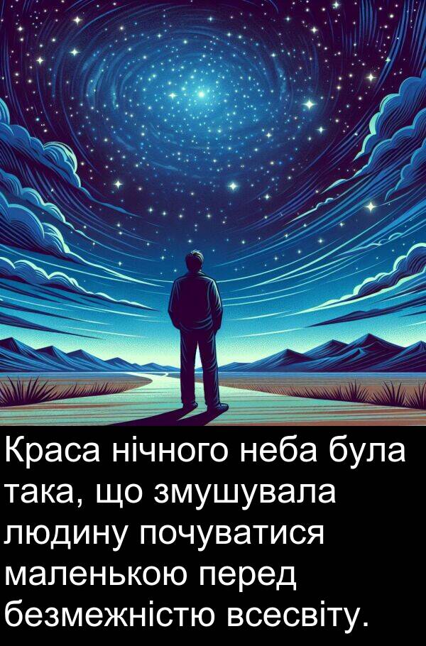 така: Краса нічного неба була така, що змушувала людину почуватися маленькою перед безмежністю всесвіту.