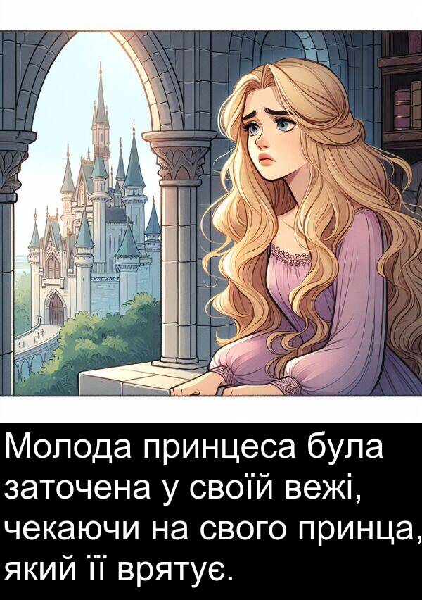 своїй: Молода принцеса була заточена у своїй вежі, чекаючи на свого принца, який її врятує.