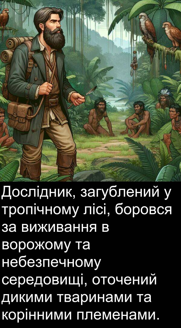 тваринами: Дослідник, загублений у тропічному лісі, боровся за виживання в ворожому та небезпечному середовищі, оточений дикими тваринами та корінними племенами.