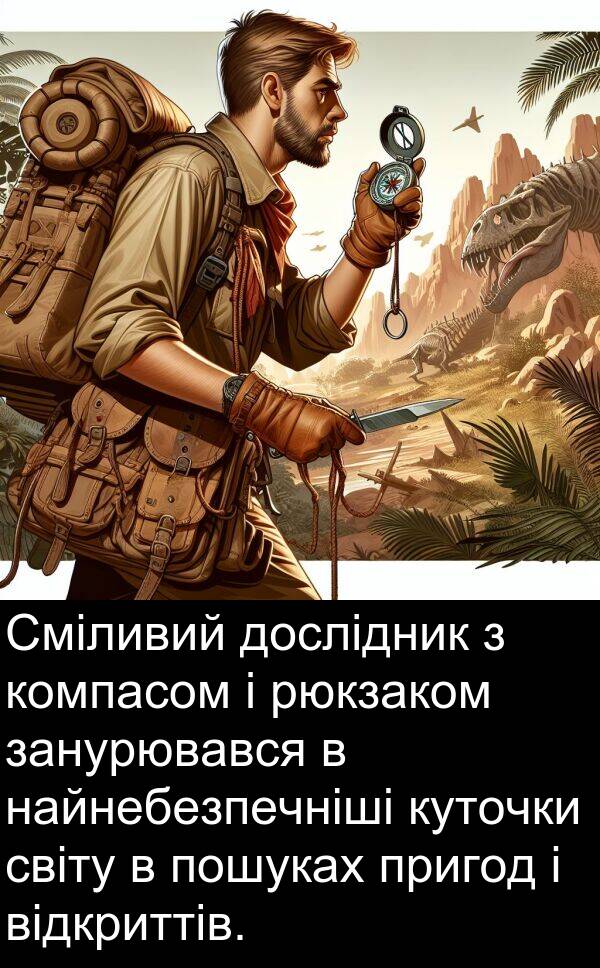 світу: Сміливий дослідник з компасом і рюкзаком занурювався в найнебезпечніші куточки світу в пошуках пригод і відкриттів.