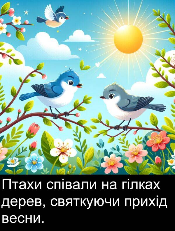 гілках: Птахи співали на гілках дерев, святкуючи прихід весни.