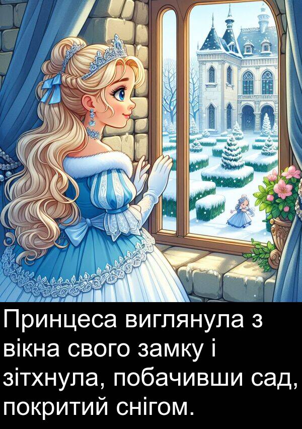 вікна: Принцеса виглянула з вікна свого замку і зітхнула, побачивши сад, покритий снігом.
