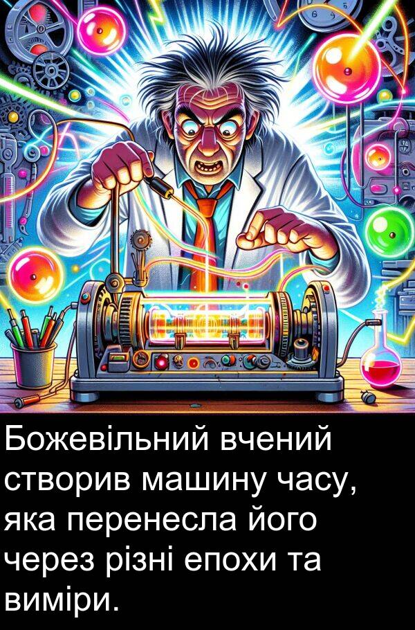 різні: Божевільний вчений створив машину часу, яка перенесла його через різні епохи та виміри.