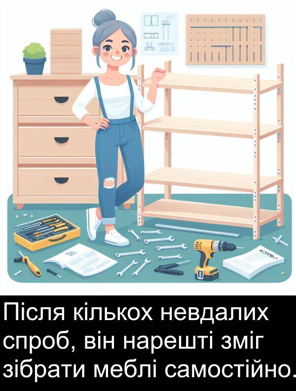 кількох: Після кількох невдалих спроб, він нарешті зміг зібрати меблі самостійно.