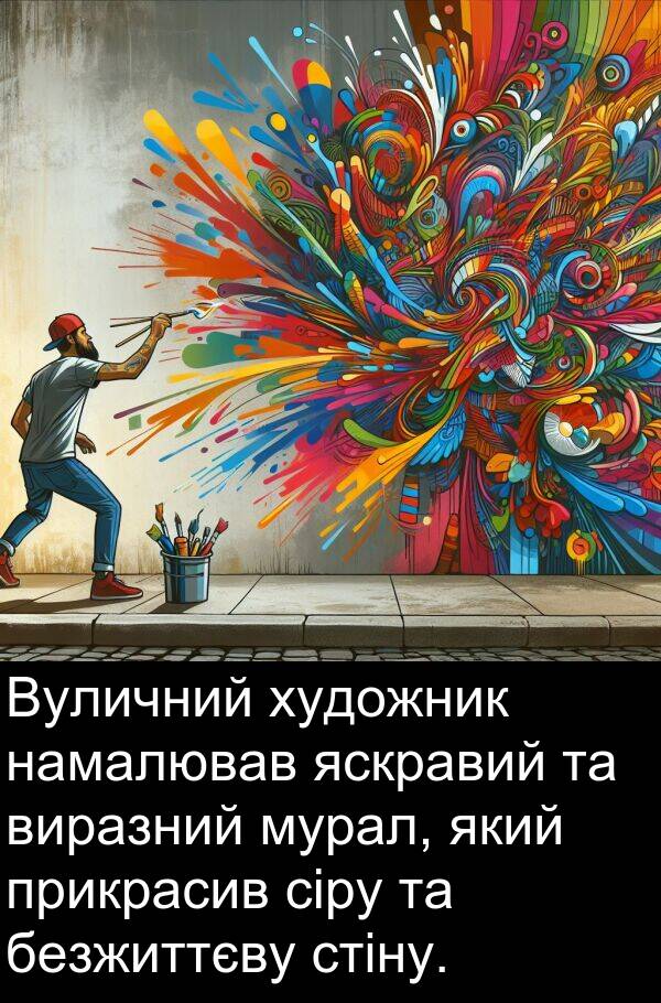 безжиттєву: Вуличний художник намалював яскравий та виразний мурал, який прикрасив сіру та безжиттєву стіну.