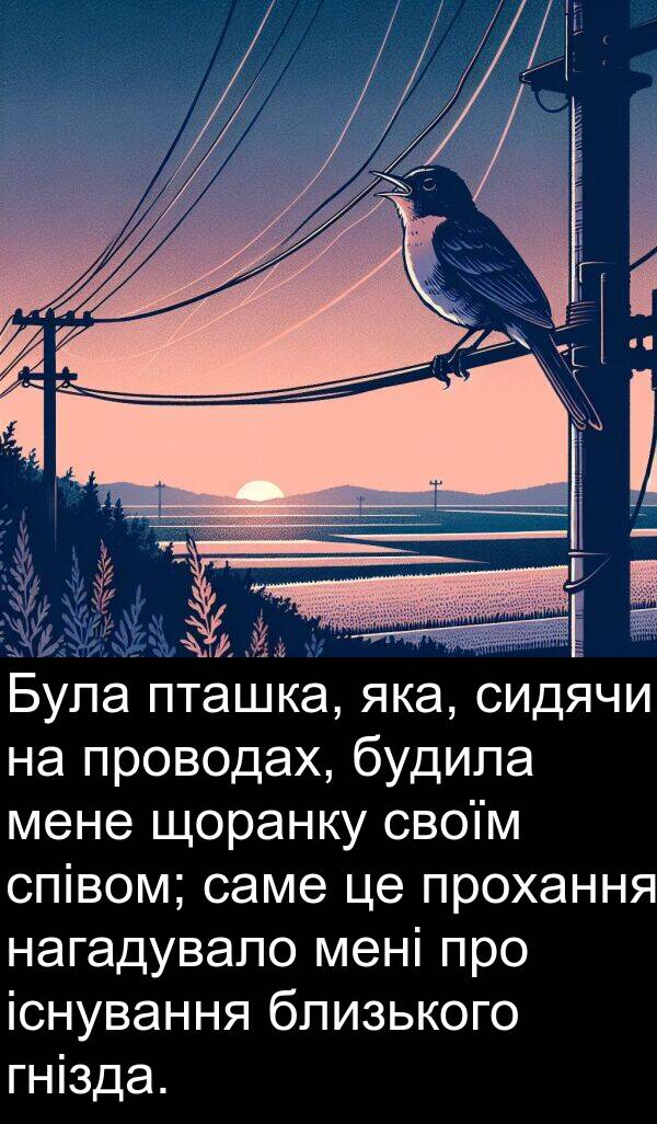 сидячи: Була пташка, яка, сидячи на проводах, будила мене щоранку своїм співом; саме це прохання нагадувало мені про існування близького гнізда.