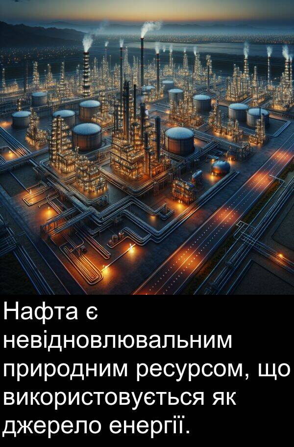 джерело: Нафта є невідновлювальним природним ресурсом, що використовується як джерело енергії.